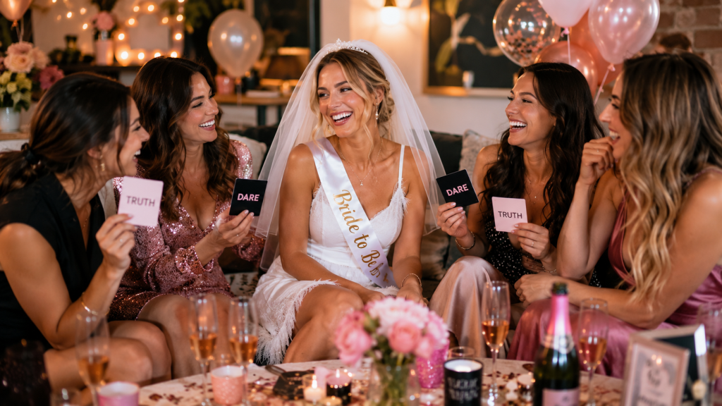 Bachelorette Truth or Dare Questions for Bride: Fun Ideas for the Ultimate Bridal Party 1 Truth” and “Dare” cards around a table with champagne, flowers, candles, and pink party decorations.